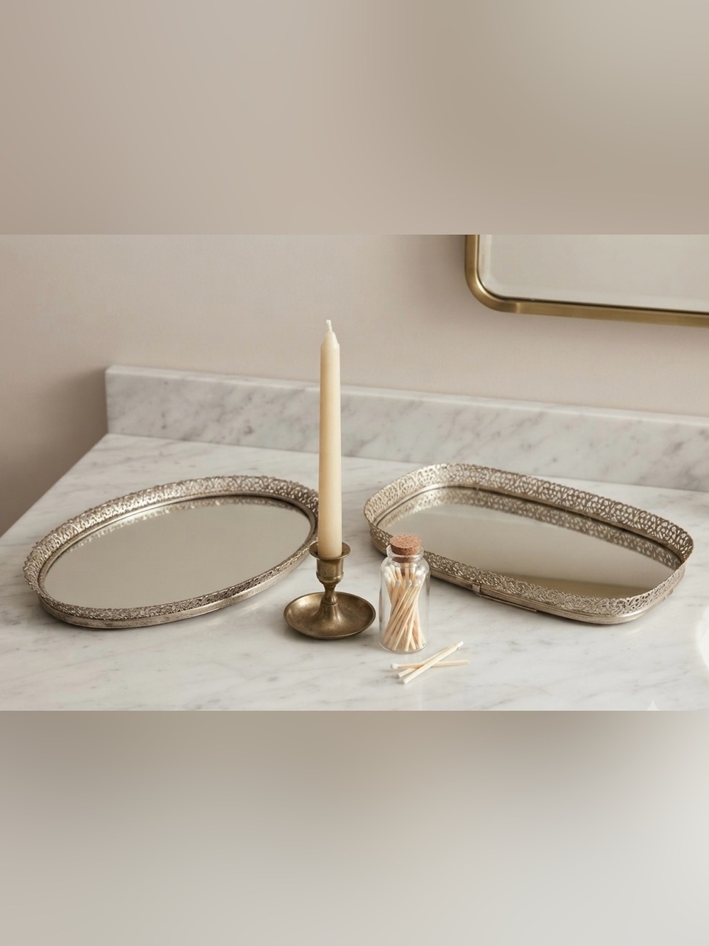 Vintage Hollywood Regency Silver Filigree Mirrored Vanity Trays – Pair